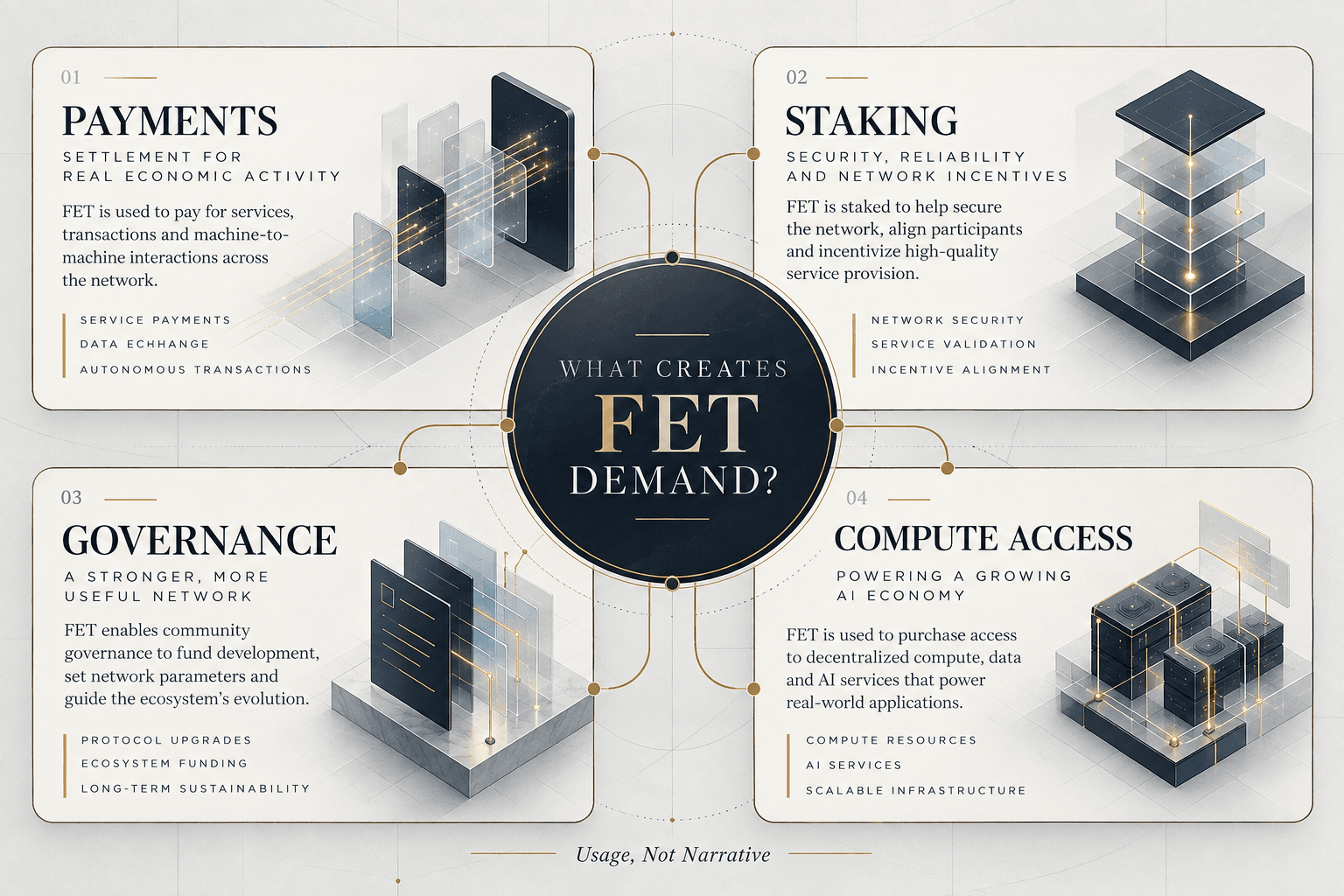 Editorial framework showing payments, staking, governance, and compute access as potential sources of real FET demand
